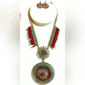 Lataisa medallion set necklace & earrings multicolors gold brass boho tribal